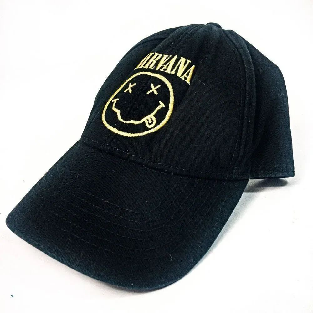 Nirvana Embroidered Smiley Black Cotton Adjustable Baseball Cap Unisex
